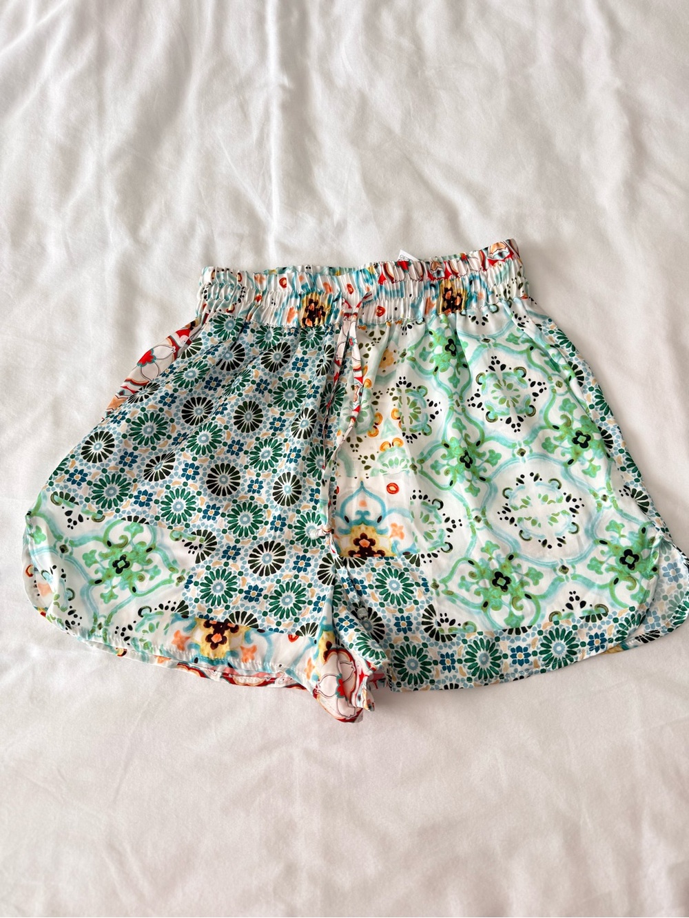 Zara Multicolor Floral & Tile Print Elastic-Waist Satin Shorts